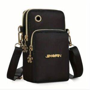 NWT JINGPIN small Black Crossbody 3 Zippers Arm holder Headphones hole Nylon Bag
